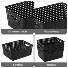 4 Packs Woven Plastic Storage Baskets, Plastic Basets Medium, Black