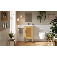 18 Inch Natural Wood Bathroom Vanity Cabinet with Ceramic Sink Adjustable Shelf
