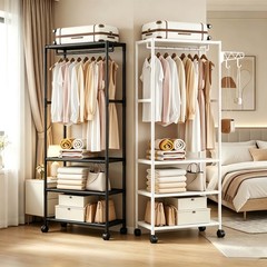 1pc Heavy Duty Freestanding Clothes Rack with Wheels & Hooks