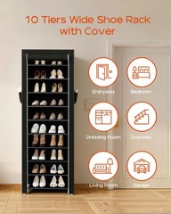 CASAMAYA Shoe Rack with Covers, 10 Tiers Tall 17.7″W – 10 Tier, Black