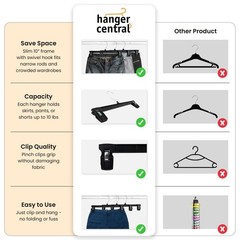 Hanger Central 10 Pack Black Plastic Pants Hangers with Clips 10 inch