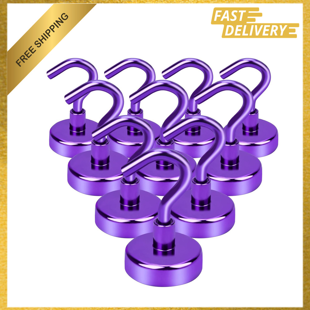 Magnetic Hooks, Heavy Duty Neodymium Magnet, 30Lbs Capacity, 10 Pack, Purple