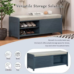 16.5 In. H X 43.3 In. W Navy Blue MDF Shoe Storage Bench with Light Gray Cushion