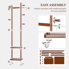 Freestanding Solid Wood Coat Rack with Wheels, 5 Hooks & 2 Shelves – Heavy Duty