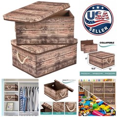 Elegant Rustic 2-Pack Storage Boxes with Flip Lid & Carrying Handles, 16.62″ L