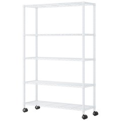 5-Tier Shelves Wire Unit Rack Large Space Storage Rolling with 4 Wheels White
