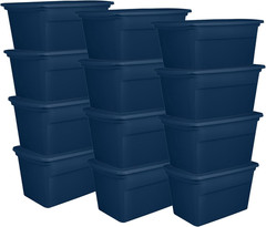 12-Pack 30 Gallon Marine Blue Storage Bins with Snap Lids – Stackable Organizers