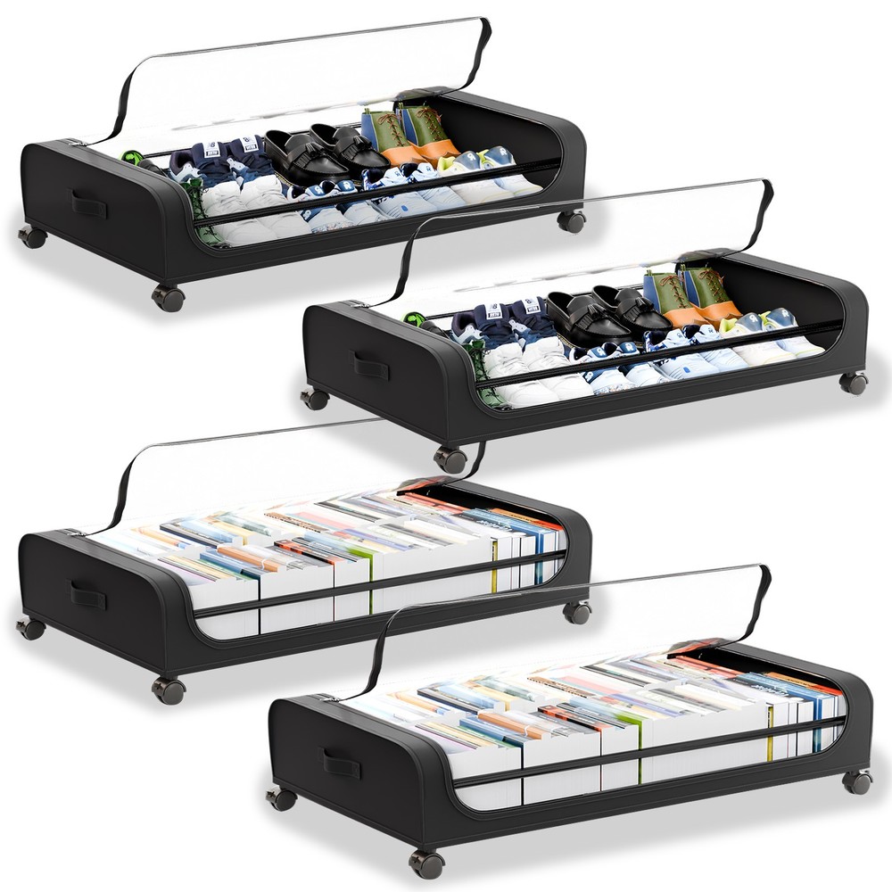 Rolling Under Bed Storage Bags 4 Pack Fabric Underbed Containers with Reinforced