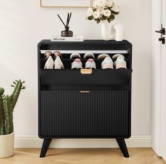 Contemporary Black Shoe Organizer Cabinet, Flip Cover, 6-10 Pairs, 27.56″ x 9.3…