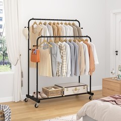 Double Rods Garment Rack with Wheels, Clothing Rack for Hanging Clothes,4 Hoo…