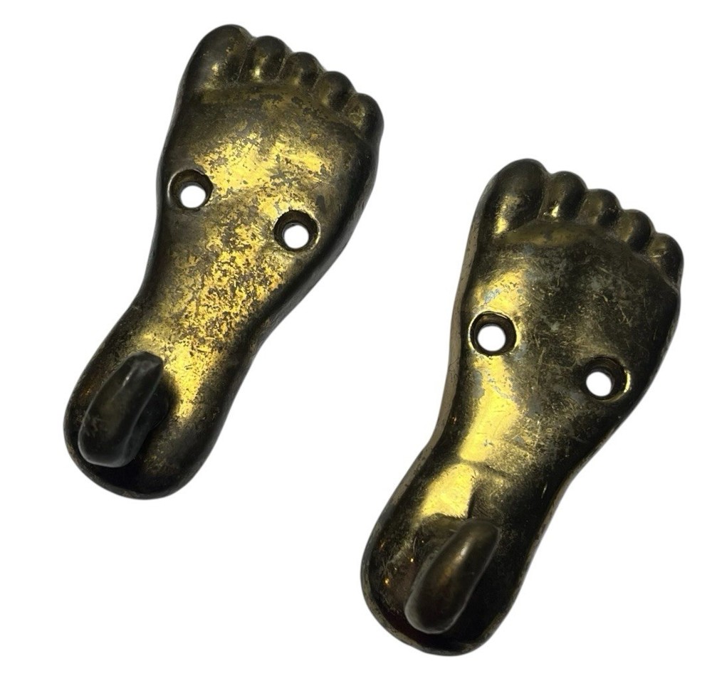 2 Small Solid Brass Foot Shaped Key Wall Hooks
