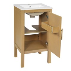 18 Inch Natural Wood Bathroom Vanity Cabinet with Ceramic Sink Adjustable Shelf