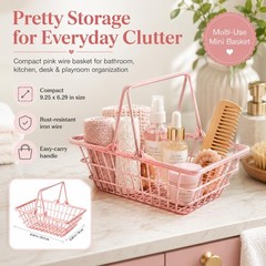 Pink Mini Shopping Basket, 9.25″ x 6.29″ x 3.54″ Metal Wire Basket with Handl…