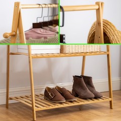 Bamboo Clothing Rack with Top Hanging Garment Rod, 2 Side Hooks & Bottom 2-Ti…