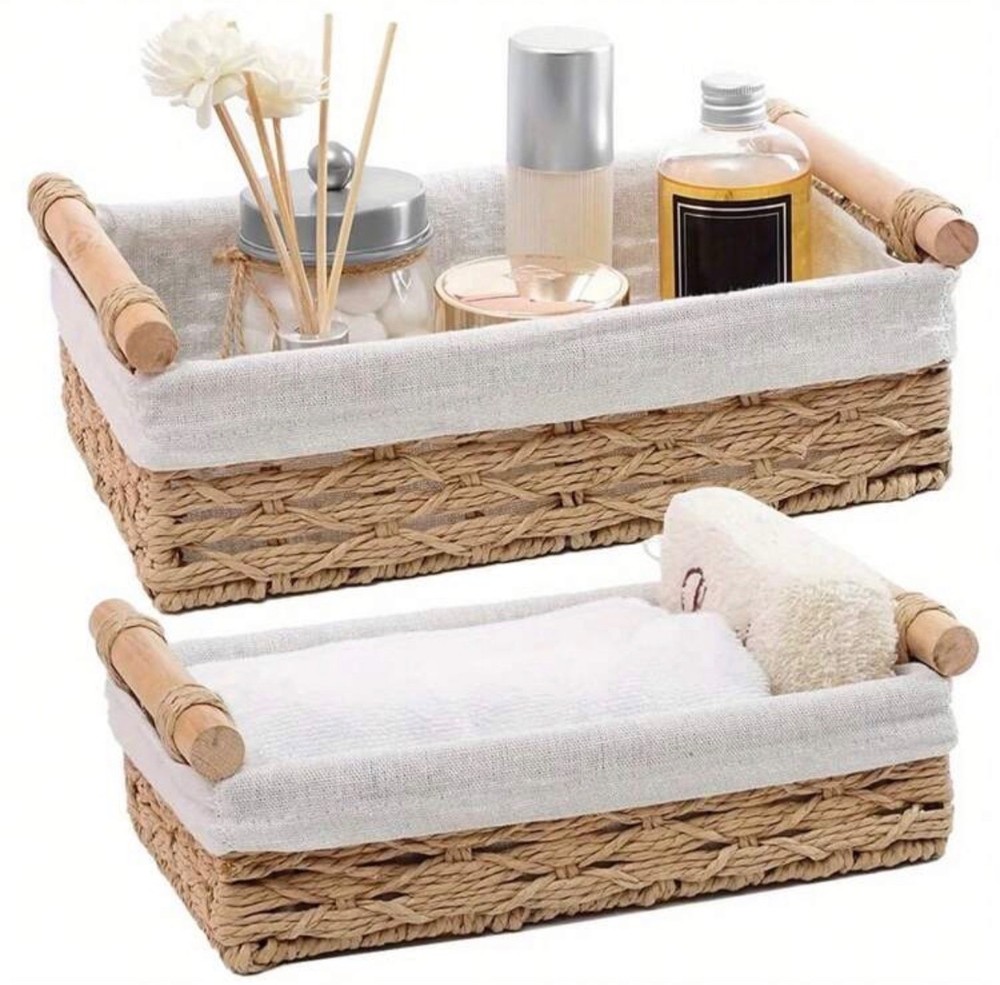 Set of 2 Wicker Storage Baskets with Handles Decorative Toilet Paper Tank Organi