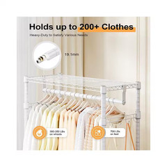 White 3 Tiers Heavy Duty Steel Rolling Clothes Rack with 2 Rods and Side Hooks,