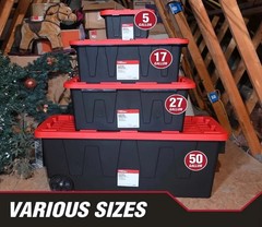 Hyper Tough 27 Gallon Snap Lid Plastic Storage Bin Container, Black with Red Lid