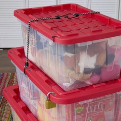 (Pack of 4 Hyper Tough 27 Gallon Clear Storage Bin with Red Snap Lid, Heavy Dut