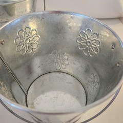 Lot 3 Silver Metal Bucket Pail Handle Tin 4.5 x 5.5″ Embossed Flowers Galvanized