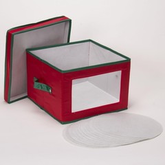 536RED Holiday China Storage Chest with Lid and Handles Dinner Plate Red Canvas