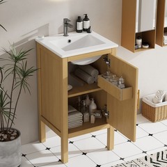 18 Inch Natural Wood Bathroom Vanity Cabinet with Ceramic Sink Adjustable Shelf