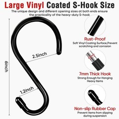 16 Pack 6 Inch S Hook, Large Vinyl Coated S Hooks Heavy Duty, Steel Metal Bla…