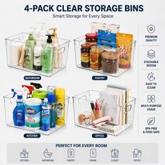 MOONEDGE 4 Pack Clear Plastic Storage Bins 11x8x6in Containers 4