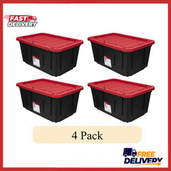 4 Pack Hyper Tough 27 Gal Storage Tote Snap Lid Container Red Lid