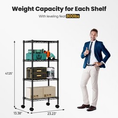 4 Tier Heavy Duty Adjustable Wire Shelving with Wheels,23″D x 13″W x 48″H