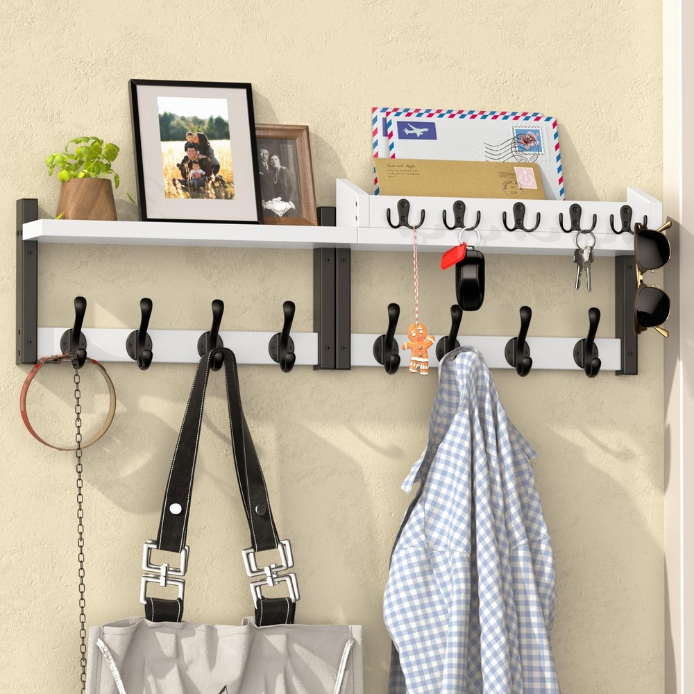 Facilite 35” White Coat Rack Wall Mount with Shelf, Solid Wood Coat and Key …