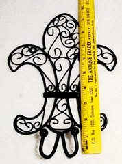 Set of 2 Black Metal Iron Fleur de Lis Wall Hooks & 1 Candle Holder Scroll Vtg