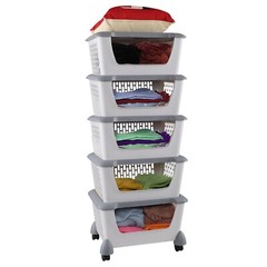 Idotry 5pcs Plastic Stackable Storage Bins – Gray Large Storage Basket w/ Wheels