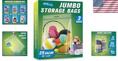 Pack of 3 Heavy-Duty Resealable Storage Bags – 25 Gallon, Easy Transport