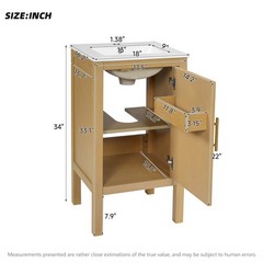 18 Inch Natural Wood Bathroom Vanity Cabinet with Ceramic Sink Adjustable Shelf