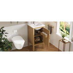 18 Inch Natural Wood Bathroom Vanity Cabinet with Ceramic Sink Adjustable Shelf