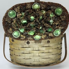 Vintage Jolles Original Woven Basket Gem Flowers Wood Handle