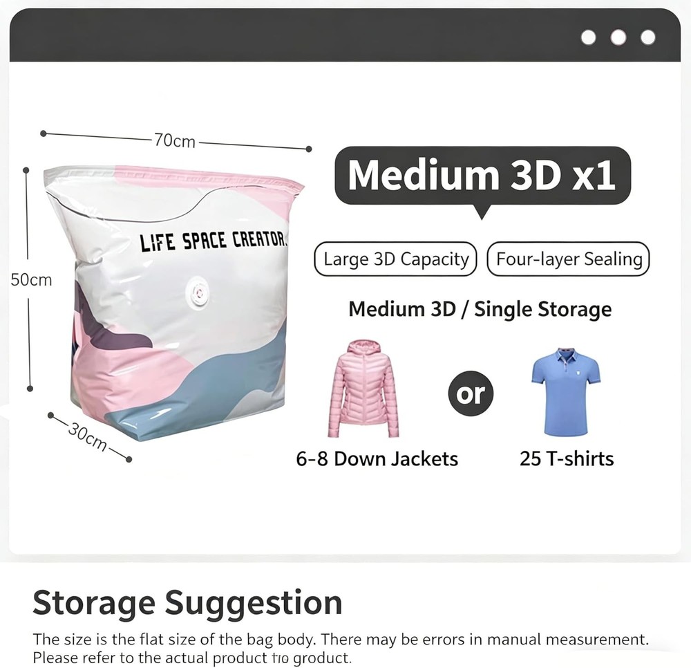 3PCS No-Pump Vacuum Storage Bags Large Cube Space Saver Compression Bags