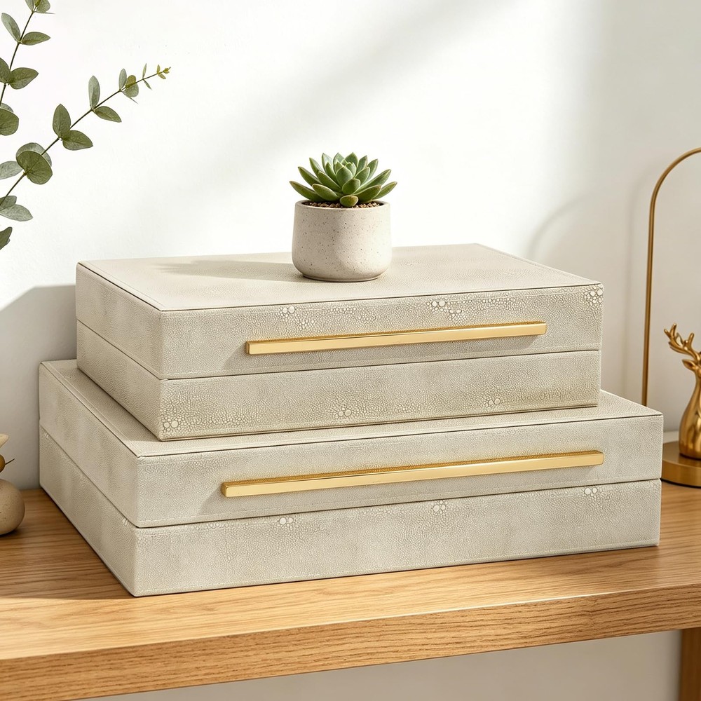 Set of 2 Decorative Box with Lids, Faux Leather Decorative Storage Boxes Mode…