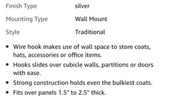 QTY-8! Alera Single Sided Partition Cubicle Door Top Garment Coat Hook Chrome