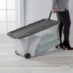 (2 pack) Sterilite 160 Quart Wheeled Storage Box, Extra Large Durable Clear Plas