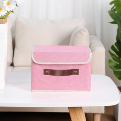 Small Lidded Storage Bin, Cotton Linen with Faux Leather Handle