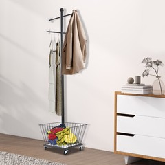 Movable Clothing Rack, 15.7*66in Metal Coat Rack Tree With Storage Basket & Rods