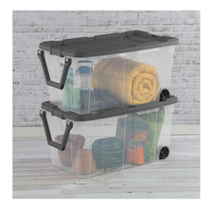 Extra Large 160 Quart Wheeled Bin 2 Pack Clear Latch Lid Pull Handle Gray