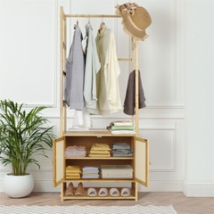 Large Bamboo Garment Rack Coat Storage Shelves Clothes Rail+ Pant Rack + Cabinet