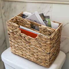 Natural Water Hyacinth Magazine Basket with Handle – 2 Compartment Organizer