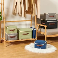 Collapsible Cotton Linen Storage Bin with Faux Leather Handles Decorative Fabric