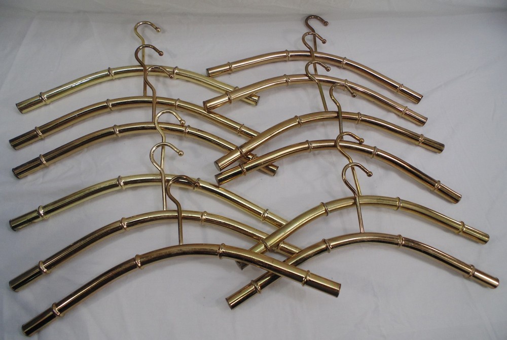 VTG MCM 12 Metal Gold Plated Clothes Coat Hangers Heavy Duty Faux Bamboo Brass