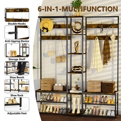 Coat Rack Hall Tree with Bench Entryway Corner Coat Stand 6 in 1 Large Organizer