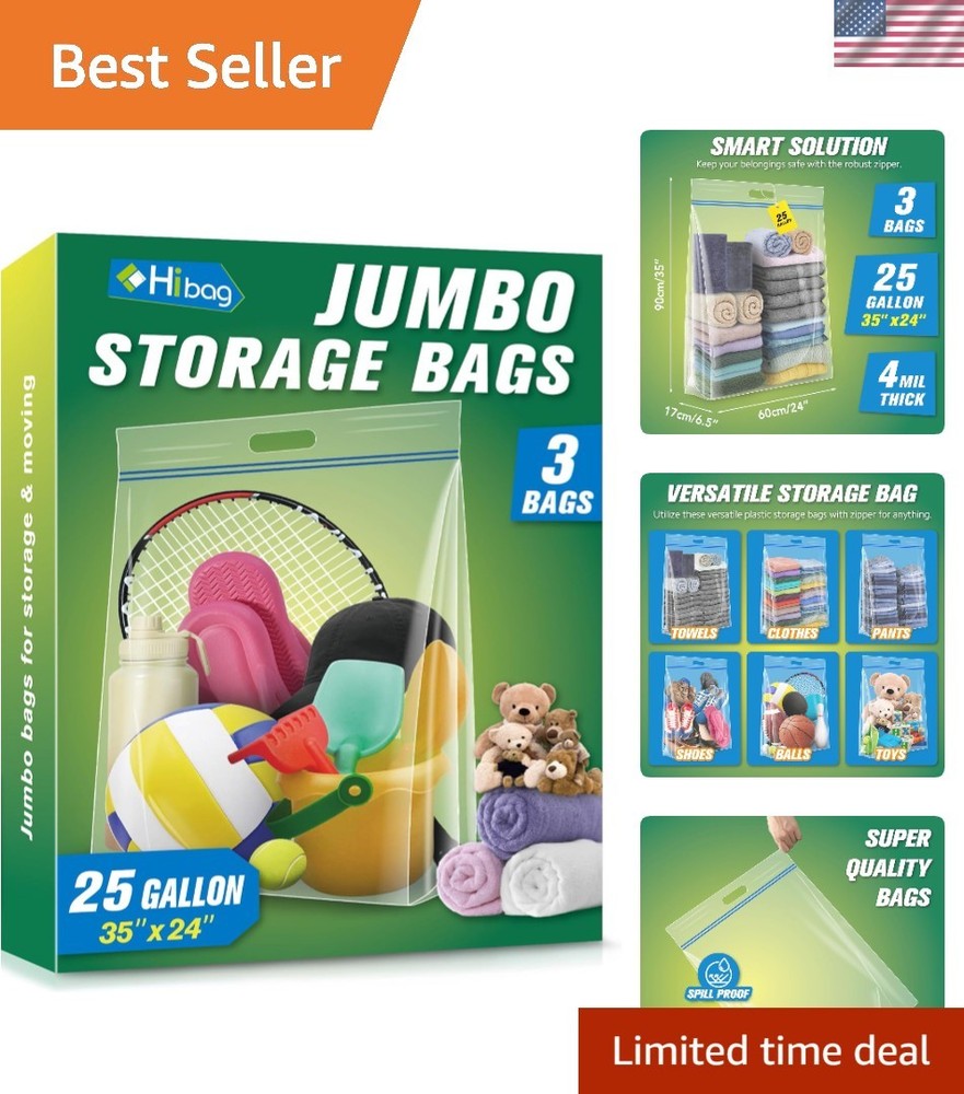 Pack of 3 Heavy-Duty Resealable Storage Bags – 25 Gallon, Easy Transport