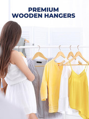 10-Pack Solid Wood Hangers with 360° Rose Gold Hook & Non-Slip Pant Bar